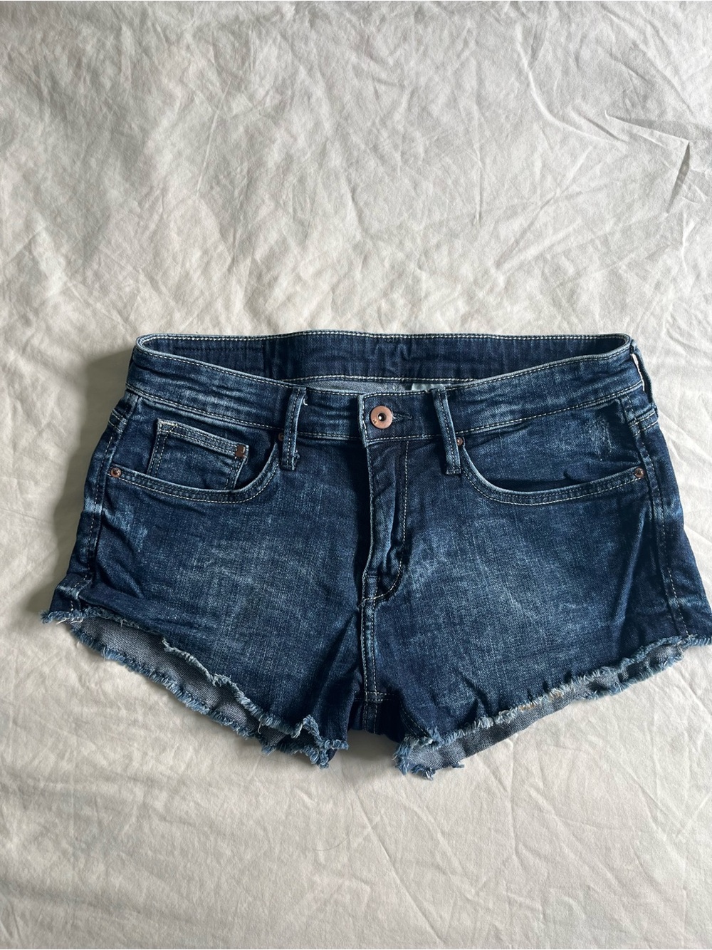 H&M Dark Blue Denim Cutoff Shorts with Frayed Hem